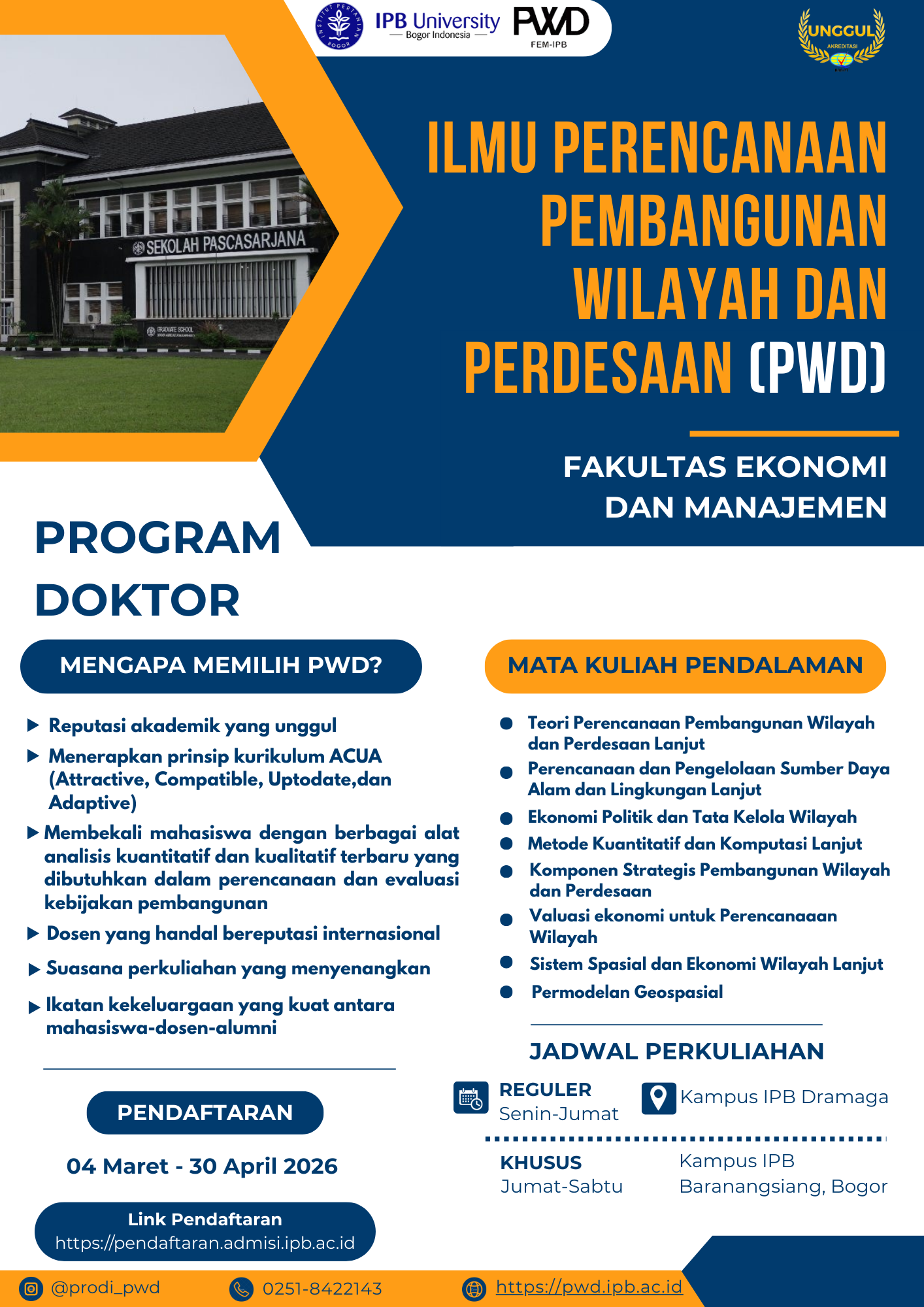 Penerimaan Mahasiswa Baru Program Doktor Ilmu Perencanaan Pembangunan Wilayah dan Pedesaan, FEM-IPB Pada Semester Ganjil TA 2026-2027