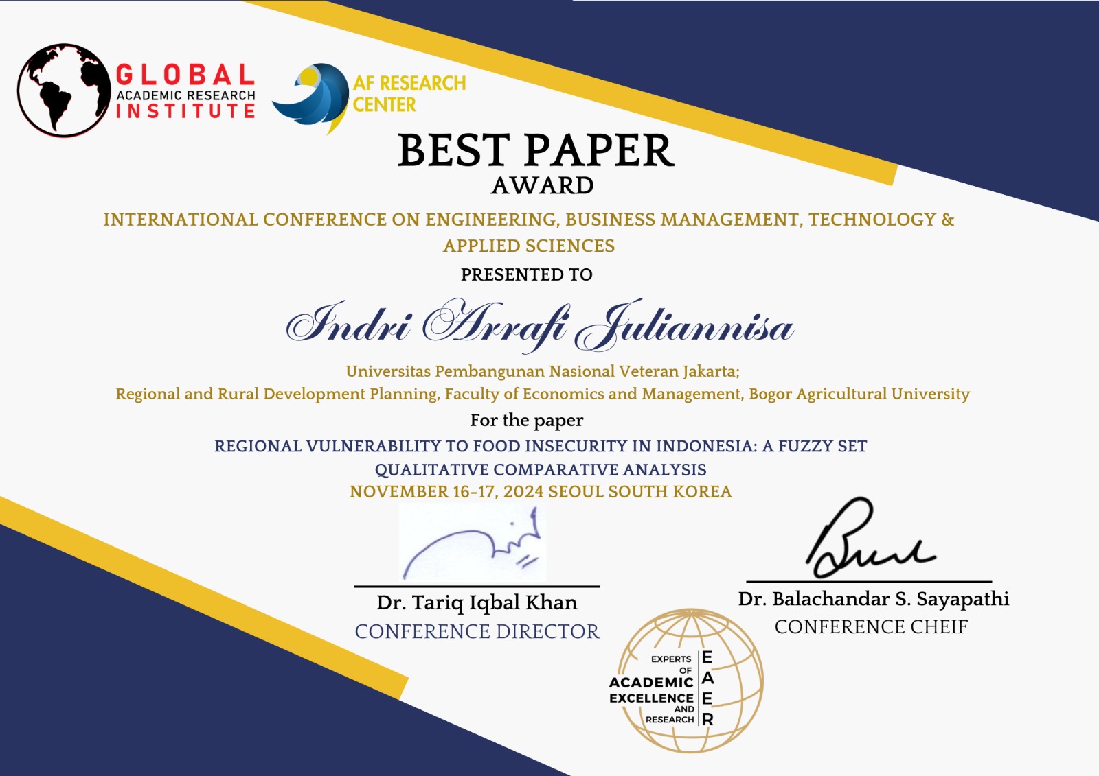 Penghargaan "Best Paper Award" di International Conference on Engineering, Business Management, Technology & Applied Sciences